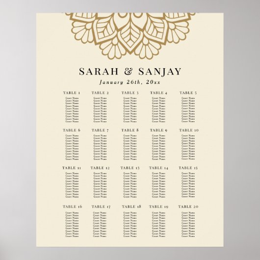 Gold Mandala Wedding Seating Chart Poster (Voorkant)