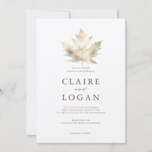 Gold Maple Leaf White Wedding Invitation Kaart (Voorkant)