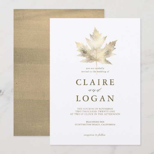 Gold Maple Leaf White Wedding Invitation Kaart (Voorkant / Achterkant)