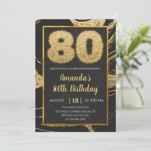 Gold Marble 80th Birthday Invitation Kaart (Staand voorkant)