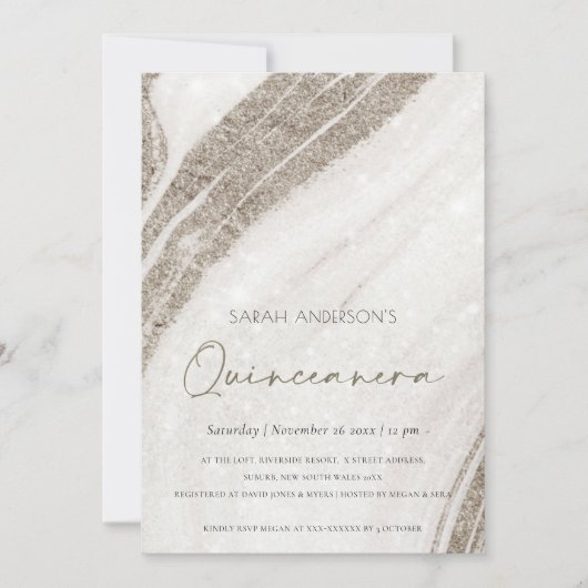 Gold Marble Agate Quinceañera 15 Birthday Invite Bedankkaart (Voorkant)