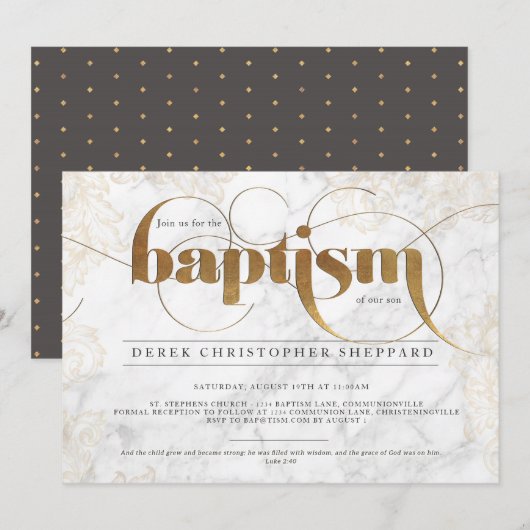 Gold Marble Baptism Invitation Kaart (Voorkant / Achterkant)
