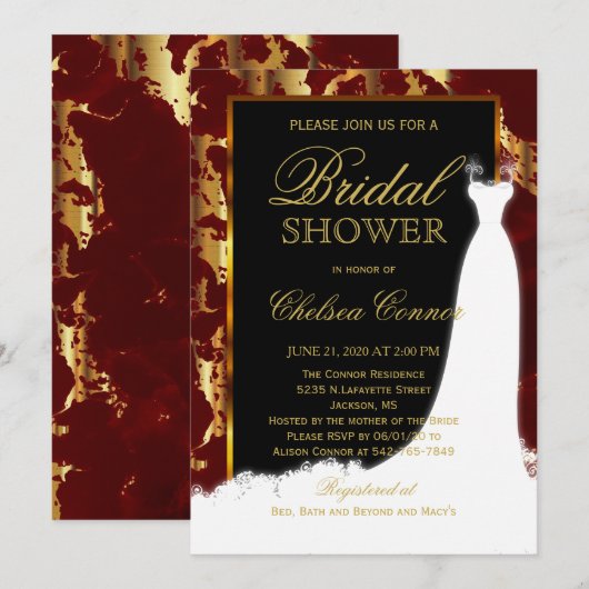Gold Marble, Black and Red Bridal Invitation Kaart (Voorkant / Achterkant)