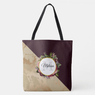 Gold Marble en Burgundy Floral Monogram Tote Bag