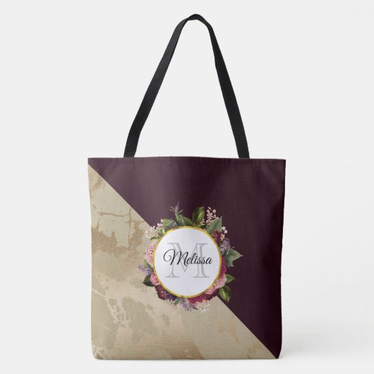 Gold Marble en Burgundy Floral Monogram Tote Bag (Voorkant)