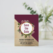 Gold Marble en Burgundy Floral sparen de datum Briefkaart (Staand voorkant)
