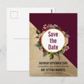 Gold Marble en Burgundy Floral sparen de datum Briefkaart (Voorkant / Achterkant)