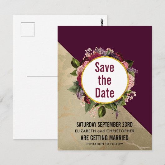 Gold Marble en Burgundy Floral sparen de datum Briefkaart (Voorkant / Achterkant)