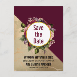 Gold Marble en Burgundy Floral sparen de datum Briefkaart