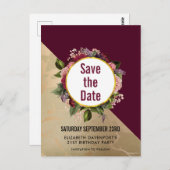 Gold Marble en Burgundy Floral sparen de datum Briefkaart (Voorkant / Achterkant)