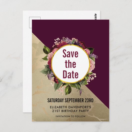 Gold Marble en Burgundy Floral sparen de datum Briefkaart (Voorkant / Achterkant)