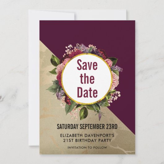 Gold Marble en Burgundy Floral sparen de datum Save The Date (Voorkant)
