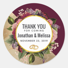 Gold Marble en Burgundy Florals Wedding Bedankt Ronde Sticker