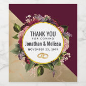 Gold Marble en Burgundy Florals Wedding Bedankt Wijn Etiket (Enkel label)