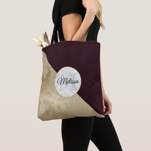 Gold Marble en Burgundy Pattern Monogram Tote Bag (Dichtbij)