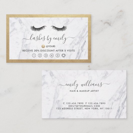 Gold & Marble Eyelash Beauty Specialist Loyalty Visitekaartje (Voorkant / Achterkant)