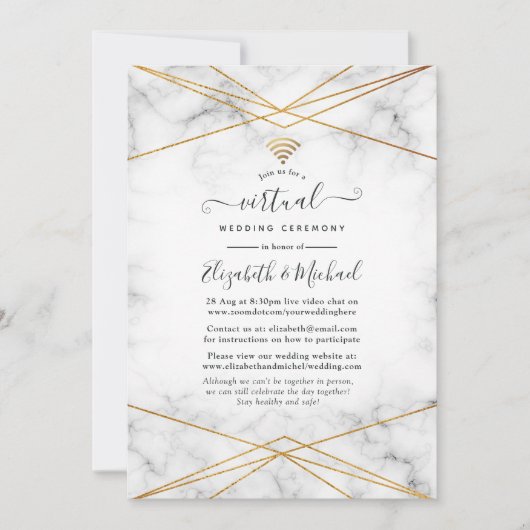 Gold Marble Geometric Online Virtual Weddenschap Kaart (Voorkant)