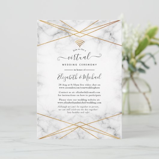 Gold Marble Geometric Online Virtual Weddenschap Kaart (Staand voorkant)