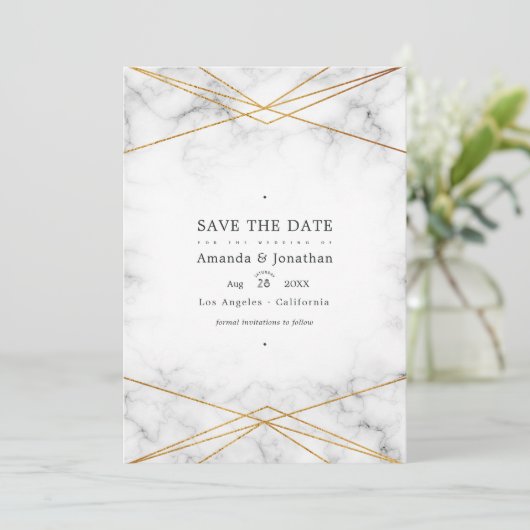 Gold Marble Geometric Weddenfoto Save The Date (Staand voorkant)