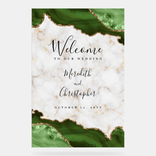 Gold Marble Green Agaat Wedding Welkom Acryl Bord (Voorkant)