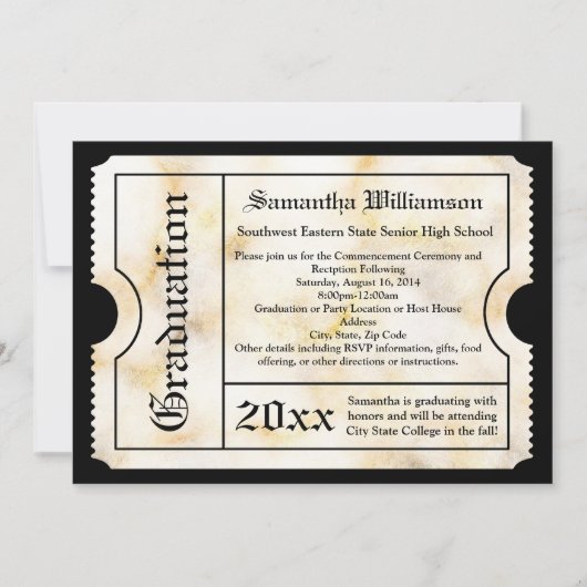 Gold Marble Modern Afstuderen Ticket Kaart (Voorkant)