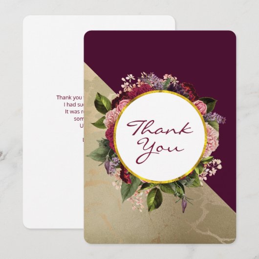 Gold Marble Pattern en Burgundy Floral Bedankkaart (Voorkant / Achterkant)