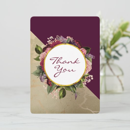 Gold Marble Pattern en Burgundy Floral Bedankkaart (Staand voorkant)