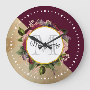 Gold Marble Pattern en Burgundy Floral Monogram Grote Klok