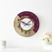 Gold Marble Pattern en Burgundy Floral Monogram Grote Klok (Huis)