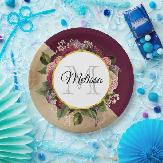 Gold Marble Pattern en Burgundy Floral Monogram Papieren Bordje (Feest)