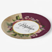 Gold Marble Pattern en Burgundy Floral Monogram Papieren Bordje (Gekanteld)