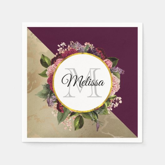 Gold Marble Pattern en Burgundy Floral Monogram Servet (Voorkant)
