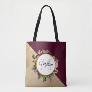 Gold Marble Pattern en Burgundy Floral Monogram Tote Bag