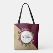 Gold Marble Pattern en Burgundy Floral Monogram Tote Bag (Achterkant)