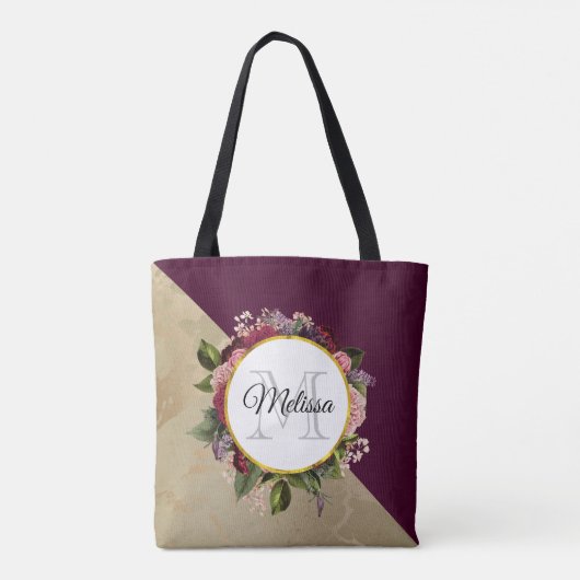 Gold Marble Pattern en Burgundy Floral Monogram Tote Bag (Achterkant)