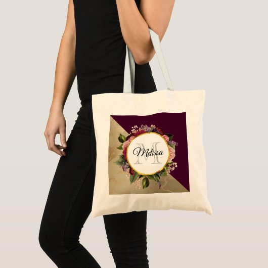 Gold Marble Pattern en Burgundy Floral Monogram Tote Bag (Voorkant (product))