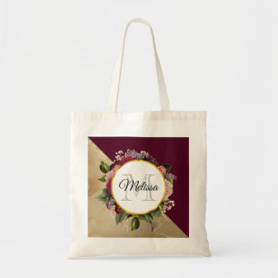 Gold Marble Pattern en Burgundy Floral Monogram Tote Bag