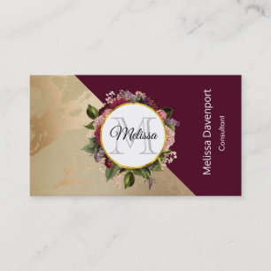 Gold Marble Pattern en Burgundy Floral Monogram Visitekaartje