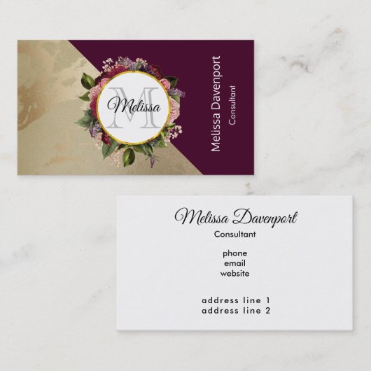 Gold Marble Pattern en Burgundy Floral Monogram Visitekaartje (Voorkant / Achterkant)