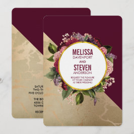 Gold Marble Pattern en Burgundy Floral Wedding Kaart