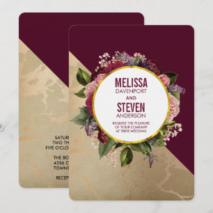 Gold Marble Pattern en Burgundy Floral Wedding Kaart