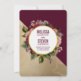 Gold Marble Pattern en Burgundy Floral Wedding Kaart