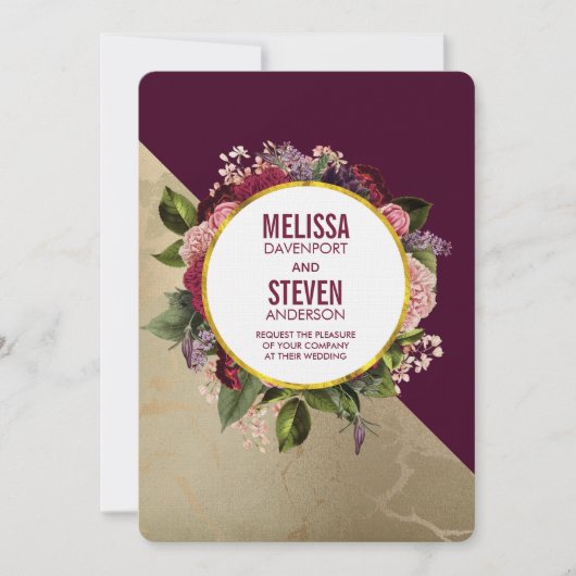 Gold Marble Pattern en Burgundy Floral Wedding Kaart (Voorkant)