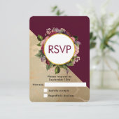 Gold Marble Pattern en Burgundy Floral Wedding RSVP Kaartje (Staand voorkant)