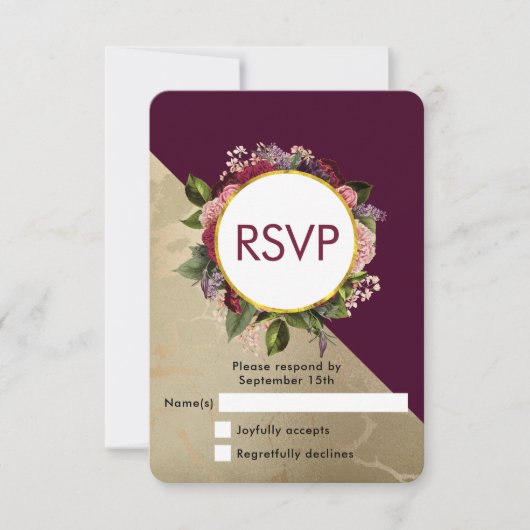 Gold Marble Pattern en Burgundy Floral Wedding RSVP Kaartje (Voorkant)