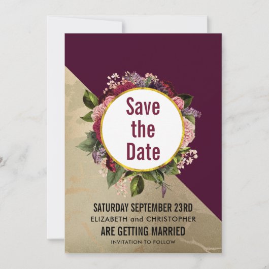 Gold Marble Pattern en Burgundy Floral Wedding Save The Date (Voorkant)