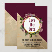 Gold Marble Pattern en Burgundy Floral Wedding Save The Date (Voorkant / Achterkant)