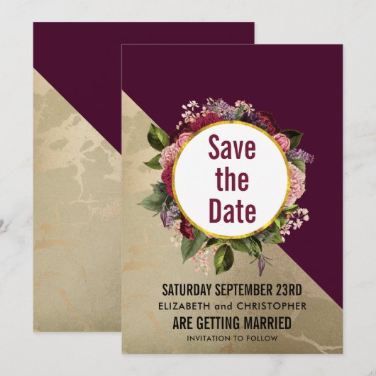 Gold Marble Pattern en Burgundy Floral Wedding Save The Date (Voorkant / Achterkant)