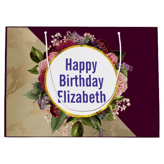 Gold Marble Pattern en Burgundy Florals Birthday Groot Cadeauzakje (Voorkant)