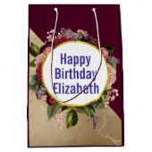 Gold Marble Pattern en Burgundy Florals Birthday Medium Cadeauzakje (Voorkant)